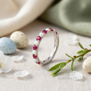 Opal and Ruby Gemstone Women's Half Eternity Band, 925 Solid Sterling Silver