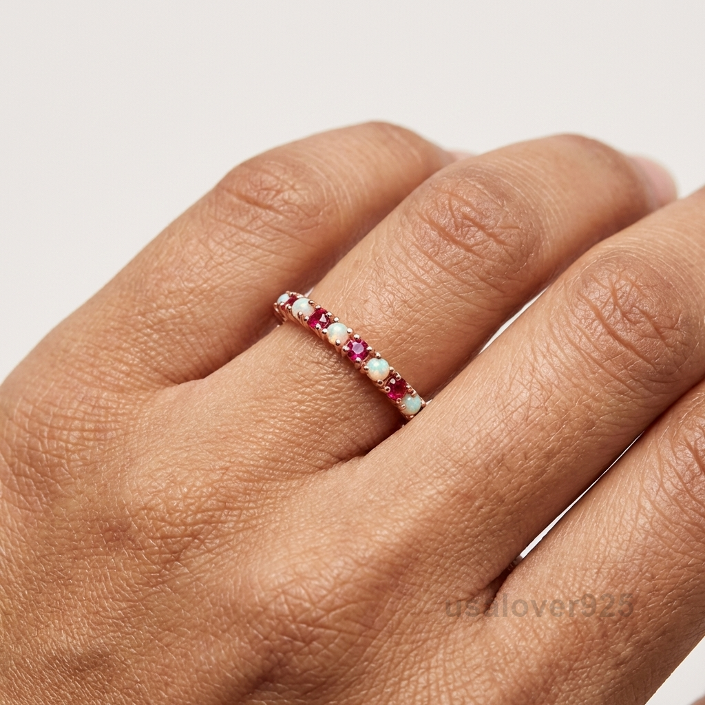 Opal and Ruby Gemstone Women's Eternity Band, 925 Solid Sterling Silver