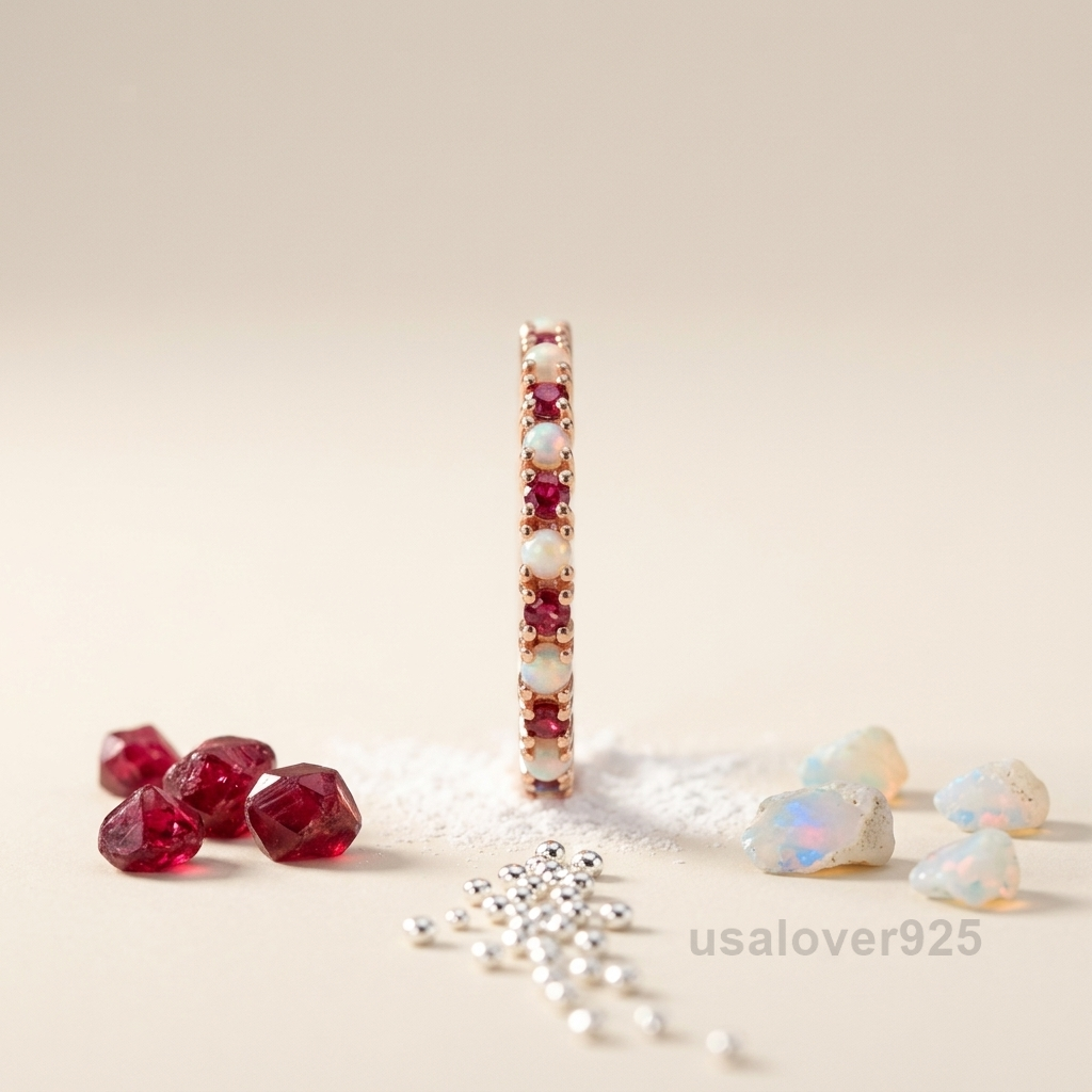 Opal and Ruby Gemstone Women's Eternity Band, 925 Solid Sterling Silver
