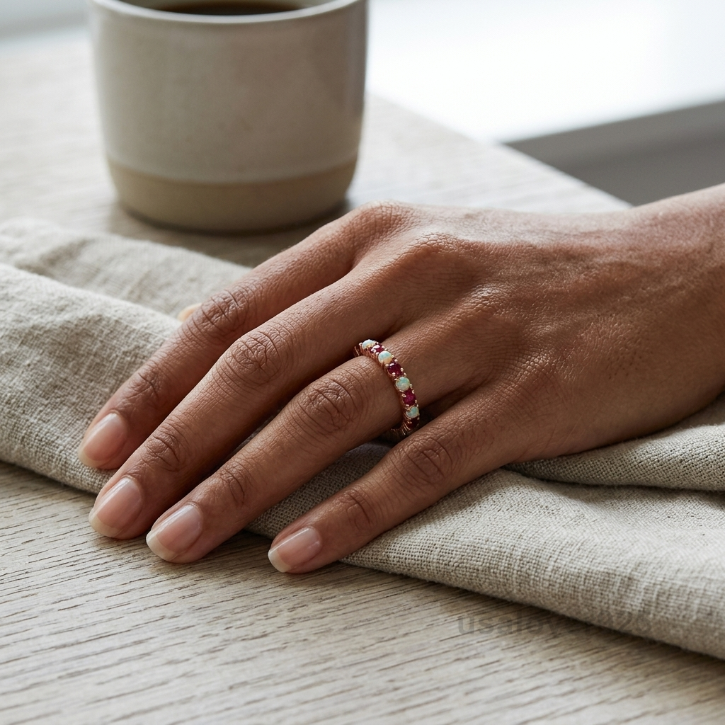 Opal and Ruby Gemstone Women's Eternity Band, 925 Solid Sterling Silver