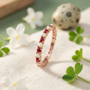 Opal and Ruby Gemstone Women's Eternity Band, 925 Solid Sterling Silver
