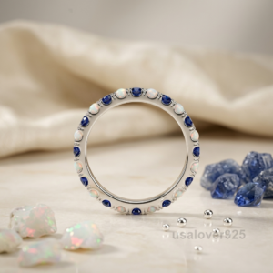Sapphire and Opal Stone Women's Eternity Band, 925 Solid Sterling Silver