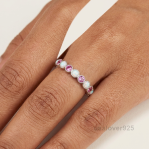 Opal and Pink Tourmaline Stone Women's Eternity Band, 925 Solid Sterling Silver