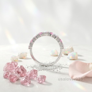 Opal and Pink Tourmaline Stone Women's Eternity Band, 925 Solid Sterling Silver