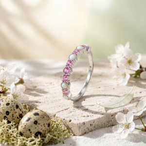 Opal and Pink Tourmaline Stone Women's Eternity Band, 925 Solid Sterling Silver