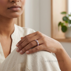 Opal and Pink Tourmaline Stone Women's Eternity Band, 925 Solid Sterling Silver