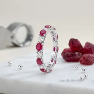Ruby & CZ Stone Full Eternity Ring Band for Women in 925 Sterling Silver
