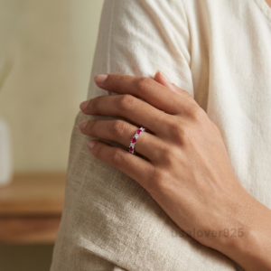Ruby & CZ Stone Full Eternity Ring Band for Women in 925 Sterling Silver