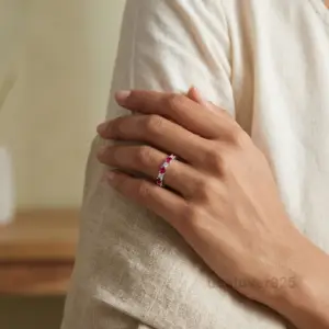 Ruby & CZ Stone Full Eternity Ring Band for Women in 925 Sterling Silver