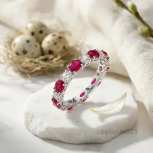 Ruby & CZ Stone Full Eternity Ring Band for Women in 925 Sterling Silver