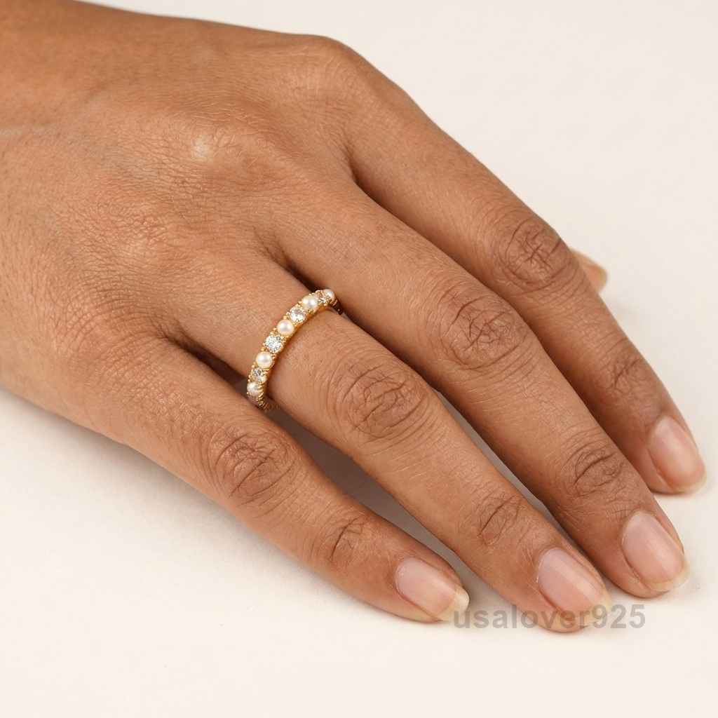 Pearl and CZ Stone Women's Eternity Band, 925 Solid Sterling Silver