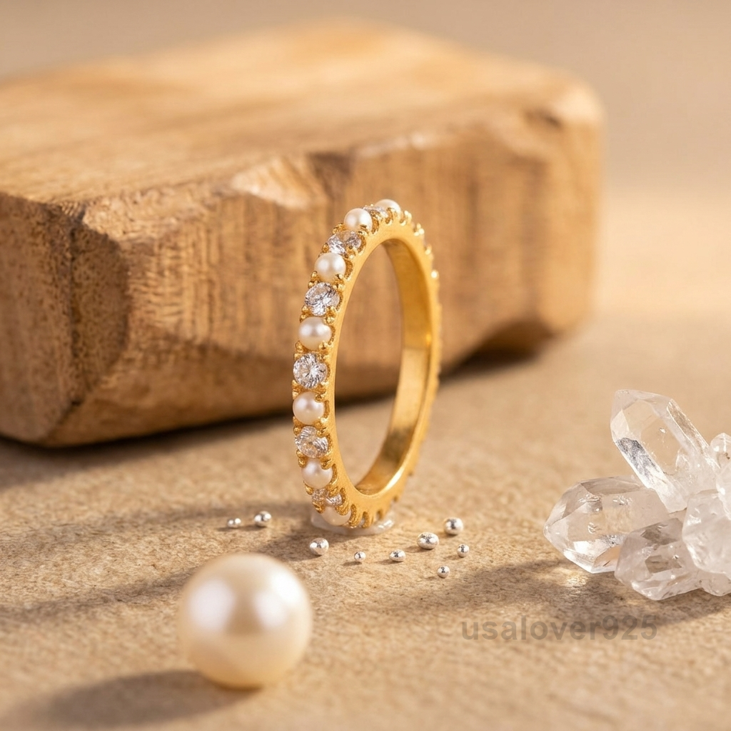 Pearl and CZ Stone Women's Eternity Band, 925 Solid Sterling Silver