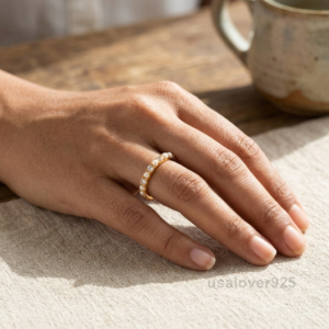 Pearl and CZ Stone Women's Eternity Band, 925 Solid Sterling Silver