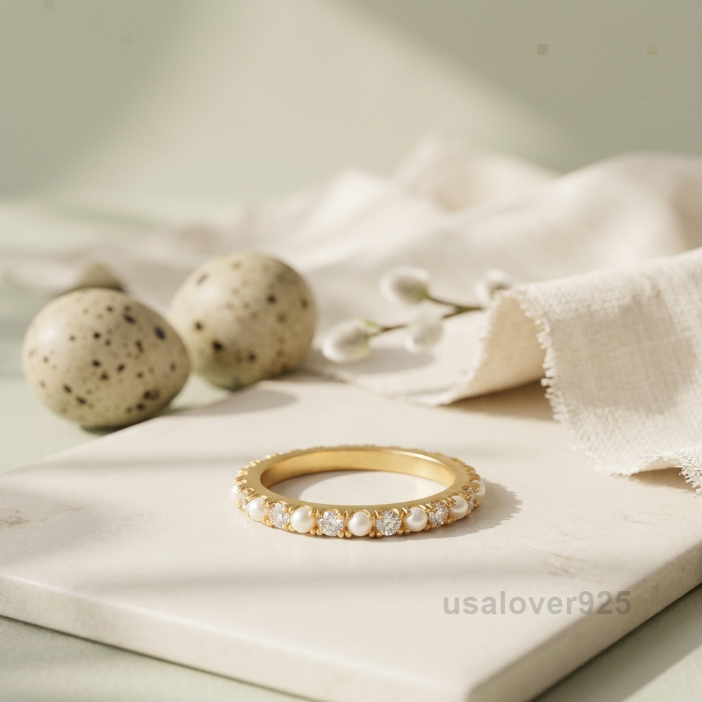 Pearl and CZ Stone Women's Eternity Band, 925 Solid Sterling Silver