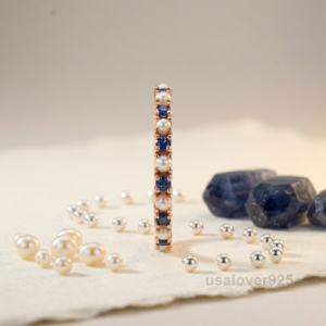 Sapphire and Pearl Gemstone Women's Full Eternity Band, 925 Solid Sterling Silver