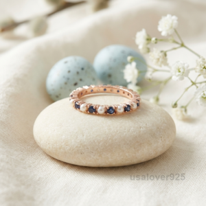 Sapphire and Pearl Gemstone Women's Full Eternity Band, 925 Solid Sterling Silver