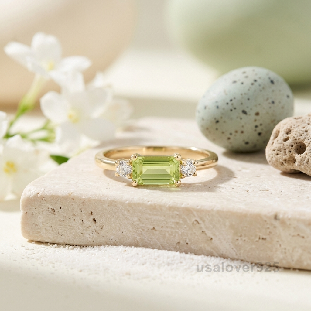 Peridot Stone Women's Ring, 925 Sterling Silver Green Gemstone Band