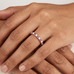 Pink Sapphire and Opal Stone Women's Eternity Band, 925 Solid Sterling Silver