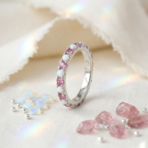 Pink Sapphire and Opal Stone Women's Eternity Band, 925 Solid Sterling Silver