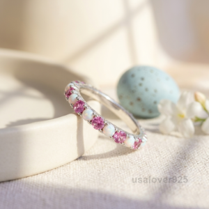Pink Sapphire and Opal Stone Women's Eternity Band, 925 Solid Sterling Silver