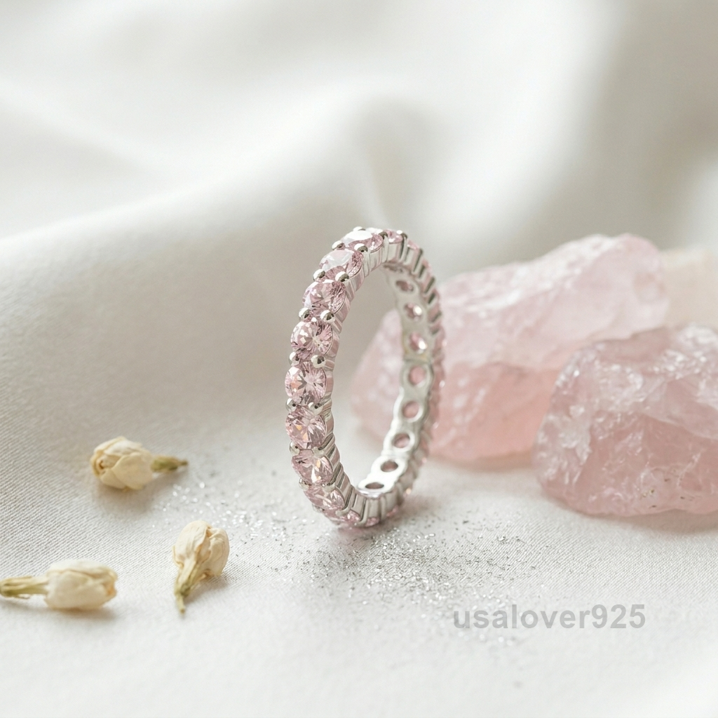 Rose Quartz Stone Eternity Band, 925 Sterling Silver Pink Gemstone Jewelry