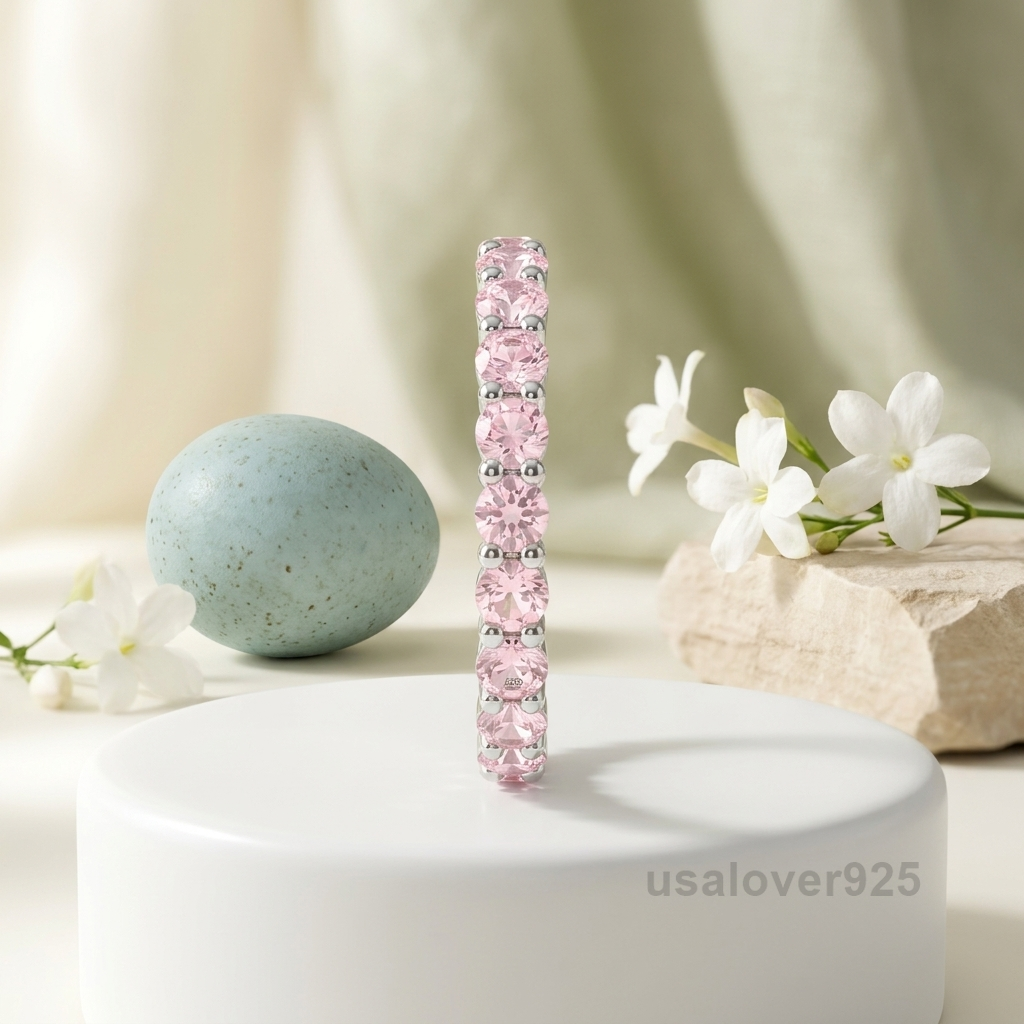 Rose Quartz Stone Eternity Band, 925 Sterling Silver Pink Gemstone Jewelry