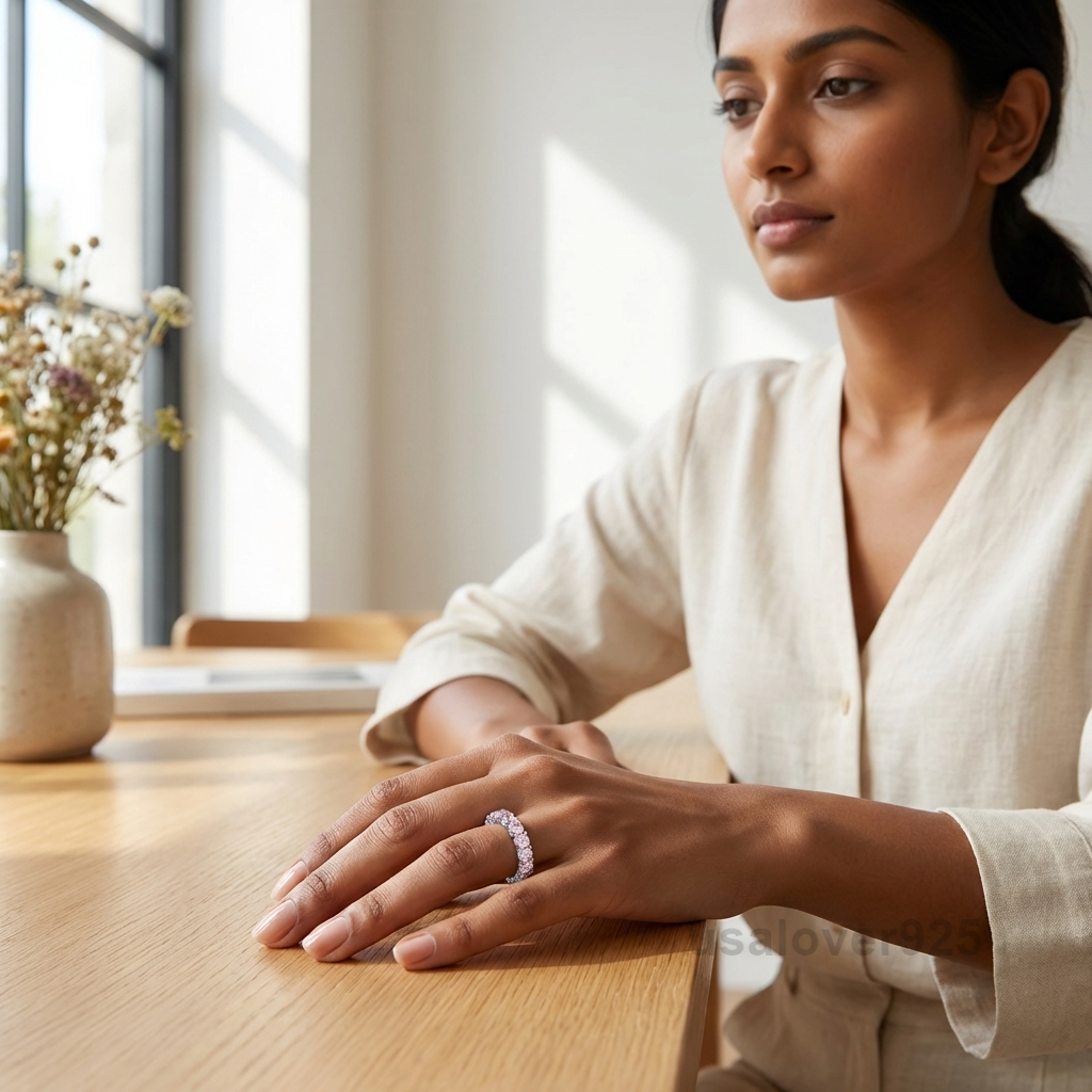Rose Quartz Stone Eternity Band, 925 Sterling Silver Pink Gemstone Jewelry