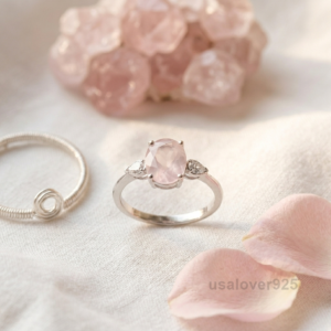 Rose Quartz Oval Stone Ring, 925 Sterling Silver Women's Solitaire