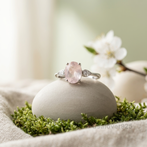 Rose Quartz Oval Stone Ring, 925 Sterling Silver Women's Solitaire