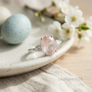 Rose Quartz Oval Stone Ring, 925 Sterling Silver Women's Solitaire
