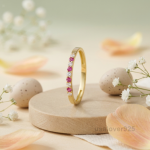 Ruby and CZ Stone Women's Half Eternity Band, 925 Solid Sterling Silver