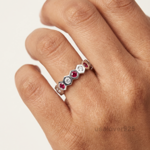 Ruby and CZ Stone Women's Eternity Band, 925 Solid Sterling Silver Jewelry