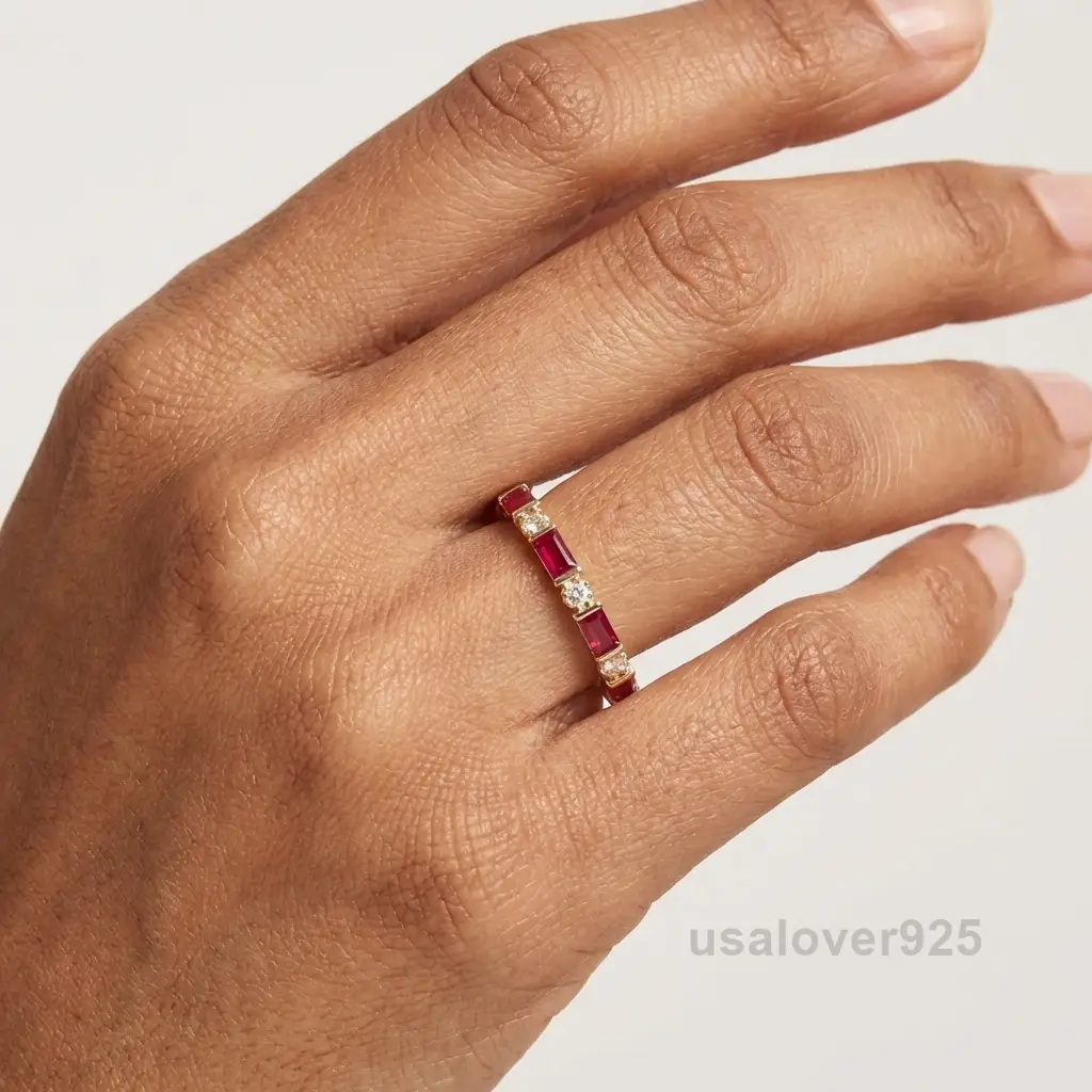 Ruby & CZ Stone Women's Full Eternity Band, 925 Solid Sterling Silver