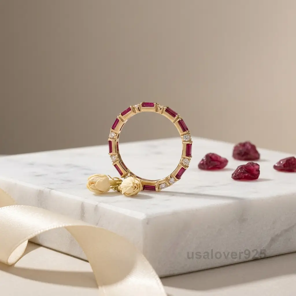 Ruby & CZ Stone Women's Full Eternity Band, 925 Solid Sterling Silver