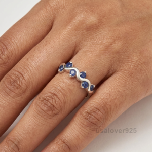 Blue Sapphire Stone Women's Half Eternity Band, 925 Solid Sterling Silver