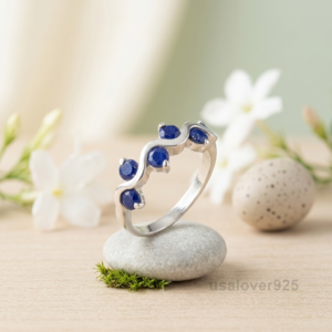 Blue Sapphire Stone Women's Half Eternity Band, 925 Solid Sterling Silver