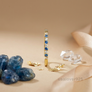 Sapphire & CZ Stone Women's Half Eternity Band, 925 Solid Sterling Silver Ring