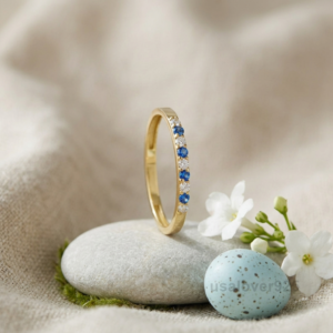 Sapphire & CZ Stone Women's Half Eternity Band, 925 Solid Sterling Silver Ring