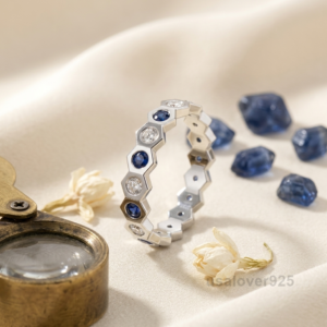 Sapphire and CZ Stone Women's Eternity Band, 925 Solid Sterling Silver Jewelry