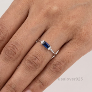 Sapphire Baguette Stone Solitaire Women's Ring, 925 Solid Sterling Silver
