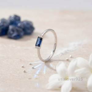 Sapphire Baguette Stone Solitaire Women's Ring, 925 Solid Sterling Silver