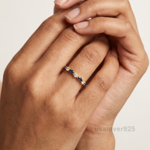 Sapphire and CZ Stone Women's Half Eternity Band, 925 Solid Sterling Silver