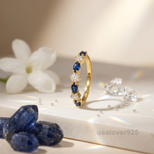 Sapphire and CZ Stone Women's Half Eternity Band, 925 Solid Sterling Silver