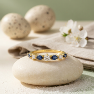 Sapphire and CZ Stone Women's Half Eternity Band, 925 Solid Sterling Silver