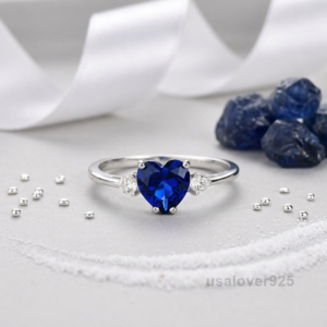 Blue Sapphire Heart Stone Ring, 925 Sterling Silver Women's Solitaire
