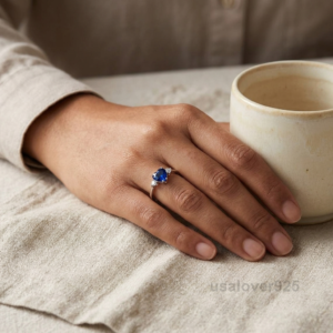Blue Sapphire Heart Stone Ring, 925 Sterling Silver Women's Solitaire