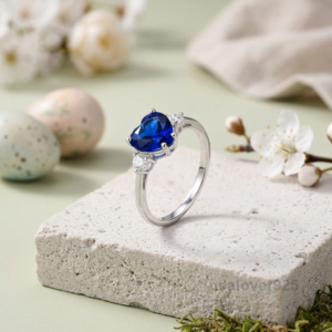 Blue Sapphire Heart Stone Ring, 925 Sterling Silver Women's Solitaire