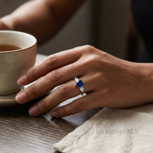 Blue Sapphire Heart Stone Ring, 925 Sterling Silver Women's Solitaire