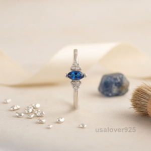 Marquise Blue Sapphire Stone Ring, 925 Sterling Silver Women's Solitaire