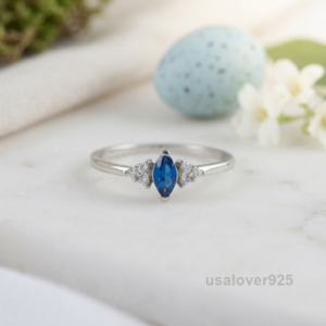 Marquise Blue Sapphire Stone Ring, 925 Sterling Silver Women's Solitaire